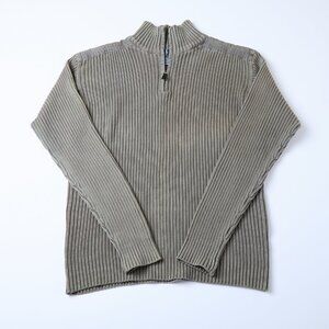 Oscar De La Renta Quarter Zip Mock Neck Ribbed Knit Olive Pullover Sweater XXL